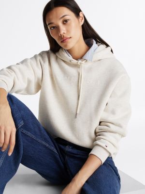white logo fleece drawstring hoody for women tommy hilfiger