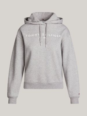 felpa con cappuccio e logo ricamato grigio da donne tommy hilfiger