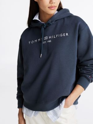 niebieski dzianinowa bluza z kapturem na troczki dla kobiety - tommy hilfiger