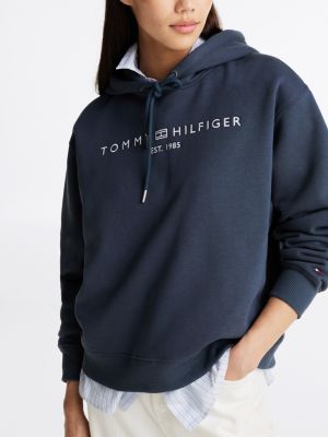 felpa con cappuccio e logo ricamato blu da donne tommy hilfiger