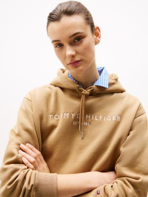 felpa con cappuccio e logo ricamato marrone da donne tommy hilfiger