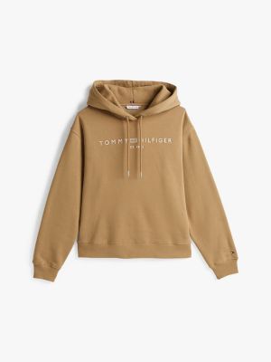 brown logo embroidery drawstring hoody for women tommy hilfiger