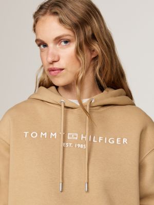 felpa con cappuccio e logo ricamato khaki da donne tommy hilfiger