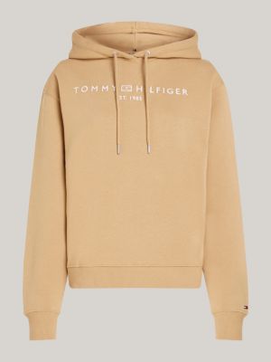 felpa con cappuccio e logo ricamato khaki da donne tommy hilfiger