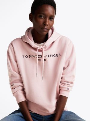 pink logo fleece drawstring hoody for women tommy hilfiger