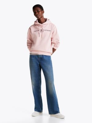 pink logo fleece drawstring hoody for women tommy hilfiger