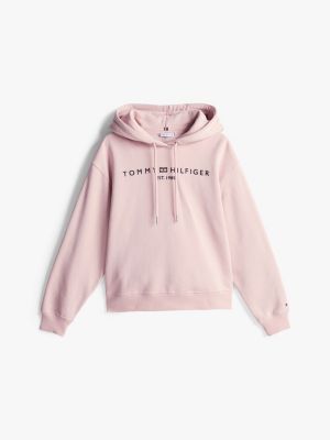 pink logo fleece drawstring hoody for women tommy hilfiger
