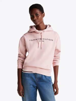 pink hoodie met trekkoord en geborduurd logo voor dames - tommy hilfiger