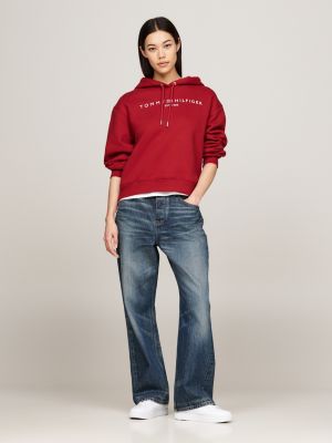 red logo embroidery drawstring hoody for women tommy hilfiger