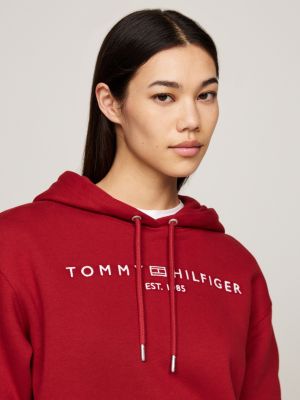 felpa con cappuccio e logo ricamato rosso da donne tommy hilfiger