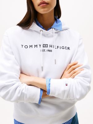white logo fleece drawstring hoody for women tommy hilfiger