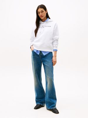 white logo fleece drawstring hoody for women tommy hilfiger