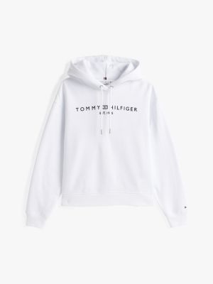 white logo fleece drawstring hoody for women tommy hilfiger