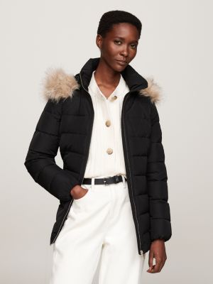 veste en duvet à capuche avec fausse fourrure noir pour femmes tommy hilfiger