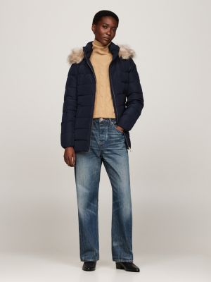 blue faux fur hooded down jacket for women tommy hilfiger