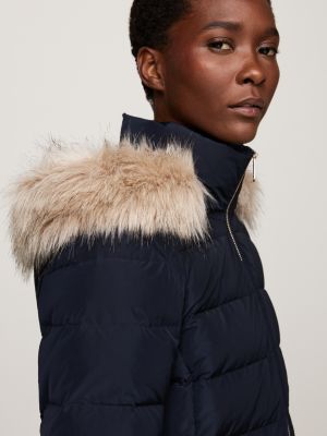 blue faux fur hooded down jacket for women tommy hilfiger