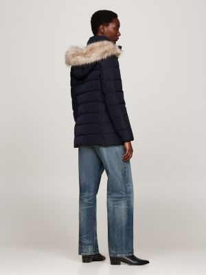 blue faux fur hooded down jacket for women tommy hilfiger