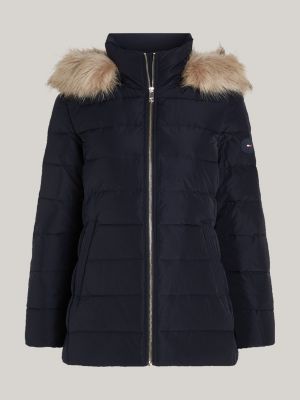 blue faux fur hooded down jacket for women tommy hilfiger