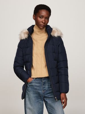 Faux Fur Hooded Down Jacket Blue Tommy Hilfiger