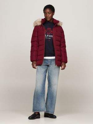 Burgundy puffer jacket with fur hood sale