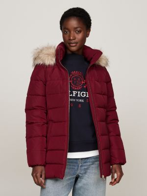 purple faux fur hooded down jacket for women tommy hilfiger