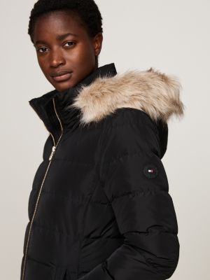 Ladies black jacket with fur hood on sale