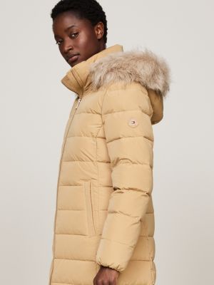 manteau long en duvet à capuche beige pour femmes tommy hilfiger