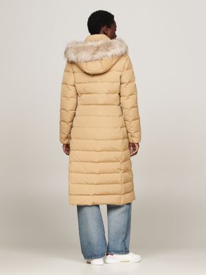 beige longline down hooded coat for women tommy hilfiger