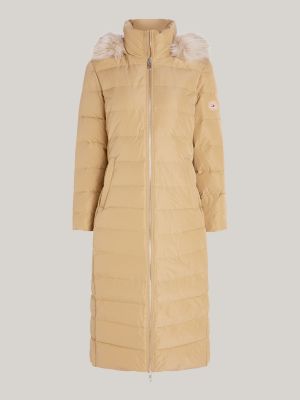 beige longline down hooded coat for women tommy hilfiger