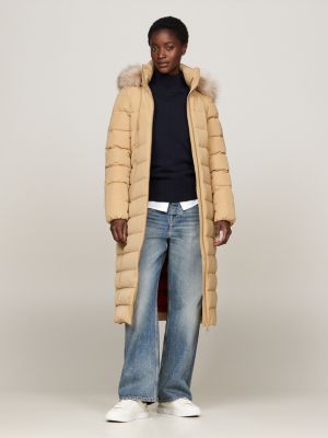 manteau long en duvet à capuche beige pour femmes tommy hilfiger