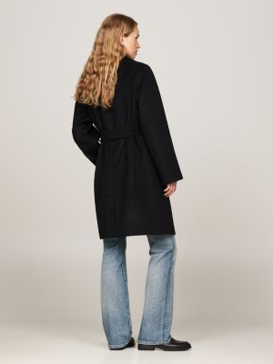 black double faced wool blend belted coat for women tommy hilfiger