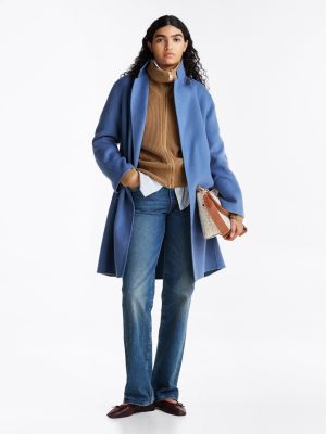 blue double faced wool blend belted coat for women tommy hilfiger