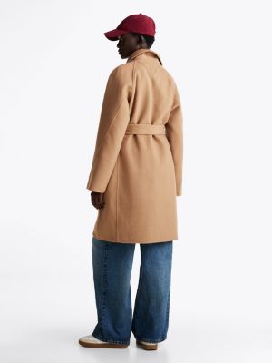 brown double faced wool blend belted coat for women tommy hilfiger