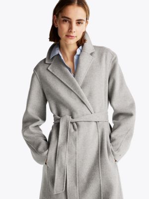 manteau ceinturé double face à logo tamponné gris pour femmes tommy hilfiger