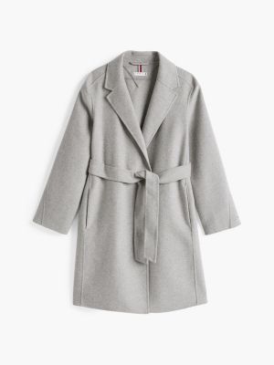 manteau ceinturé double face à logo tamponné gris pour femmes tommy hilfiger