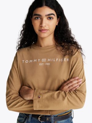 beige langarmshirt mit rundhalsausschnitt und logo für damen - tommy hilfiger