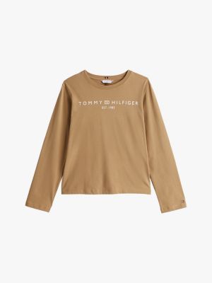 beige logo long sleeve crew neck t-shirt for women tommy hilfiger