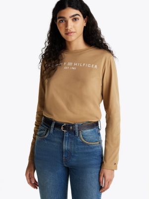 beige logo long sleeve crew neck t-shirt for women tommy hilfiger