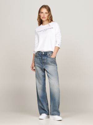 weiß langarmshirt mit rundhalsausschnitt und logo für damen - tommy hilfiger