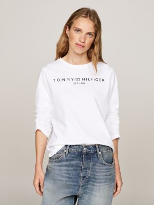 Logo Long Sleeve Crew Neck T Shirt White Tommy Hilfiger