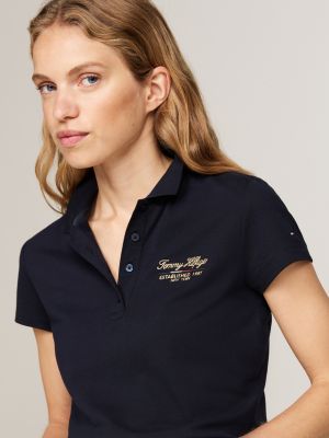 blauw slim poloshirt met scriptlogo voor dames - tommy hilfiger