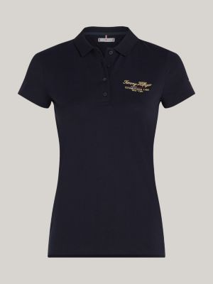 blauw slim poloshirt met scriptlogo voor dames - tommy hilfiger