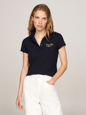 blue slim poloshirt met scriptlogo voor dames - tommy hilfiger