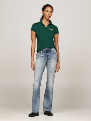 groen slim poloshirt met scriptlogo voor dames - tommy hilfiger