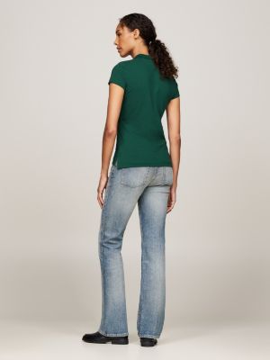 groen slim poloshirt met scriptlogo voor dames - tommy hilfiger