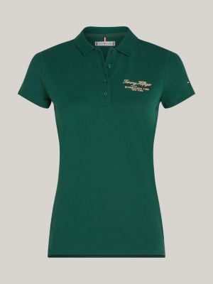 groen slim poloshirt met scriptlogo voor dames - tommy hilfiger