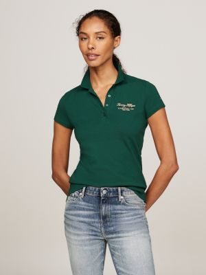 green slim poloshirt met scriptlogo voor dames - tommy hilfiger