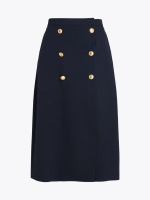 falda midi de sarga con botones en relieve azul de mujeres tommy hilfiger