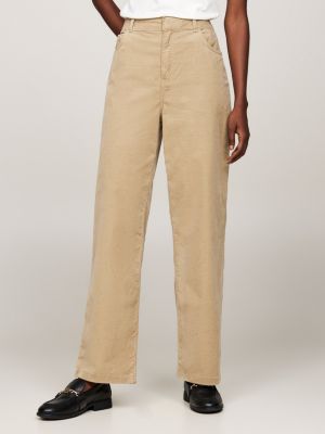 beige corduroy relaxed straight leg trousers for women tommy hilfiger