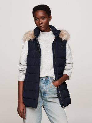 blue water repellent down hooded vest for women tommy hilfiger